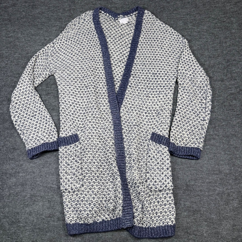 C.A.S.L.O.N Women's Size M Knit‎ Open Front Cardigan Sweater Blue White Pockets